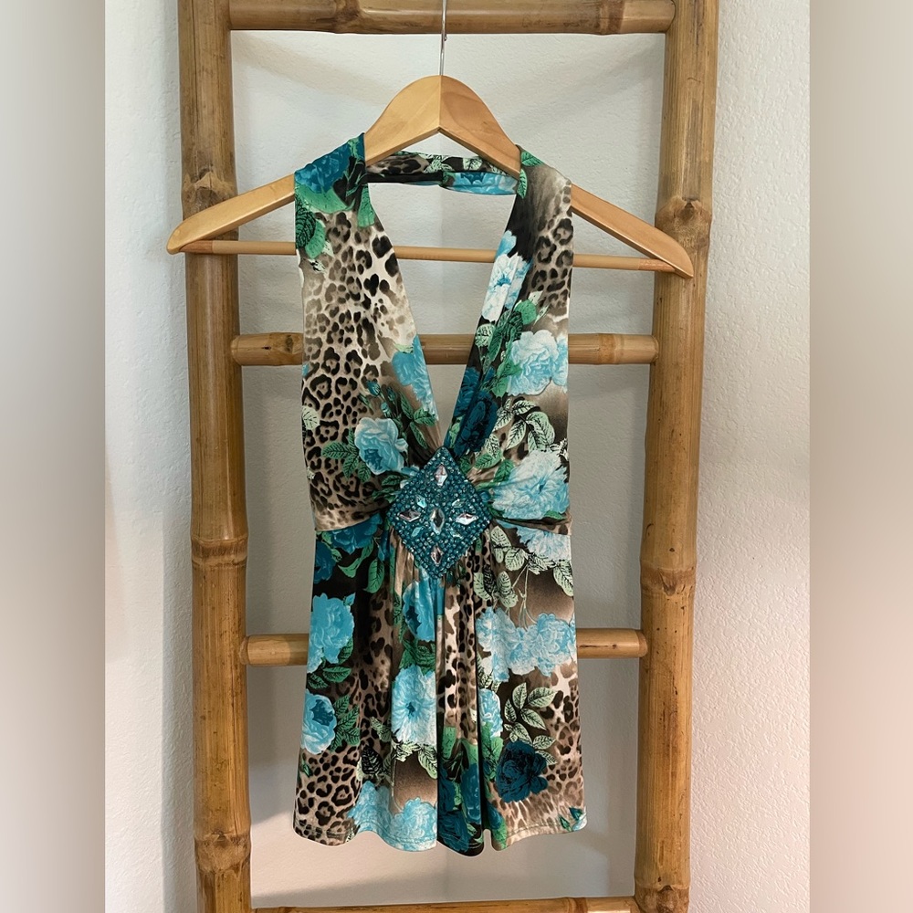 Venus jeweled leopard print halter top
